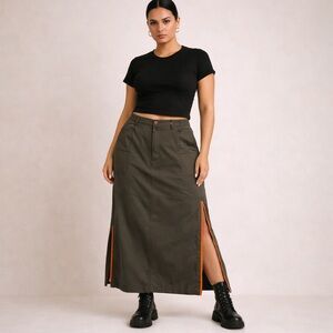 Vintage Y2K Olive Utility Maxi Skirt Orange Zip Side Slits Cargo Pockets Sz 22